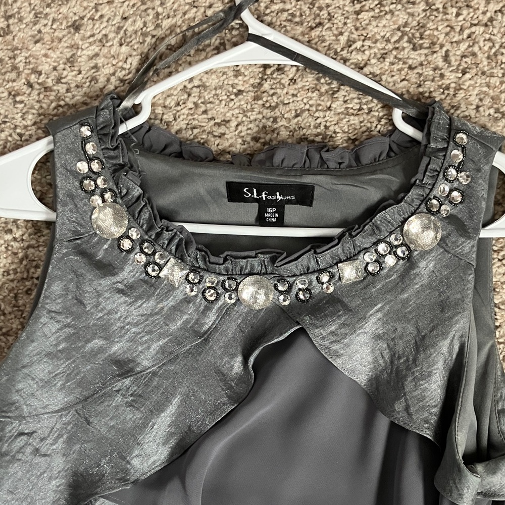 SL Fashions Metallic Gray Embellished Tiered Dress